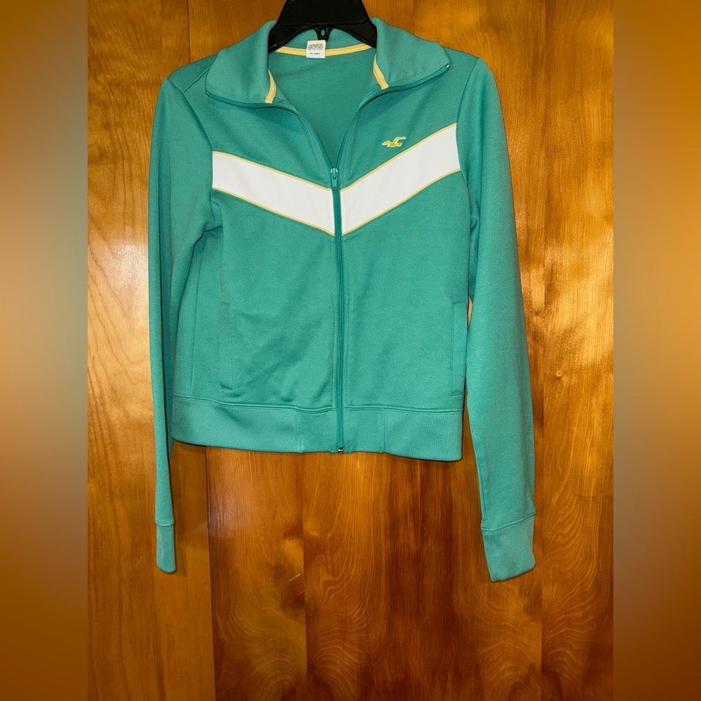Hollister Green and White Bomber Jacket with Chevron Design